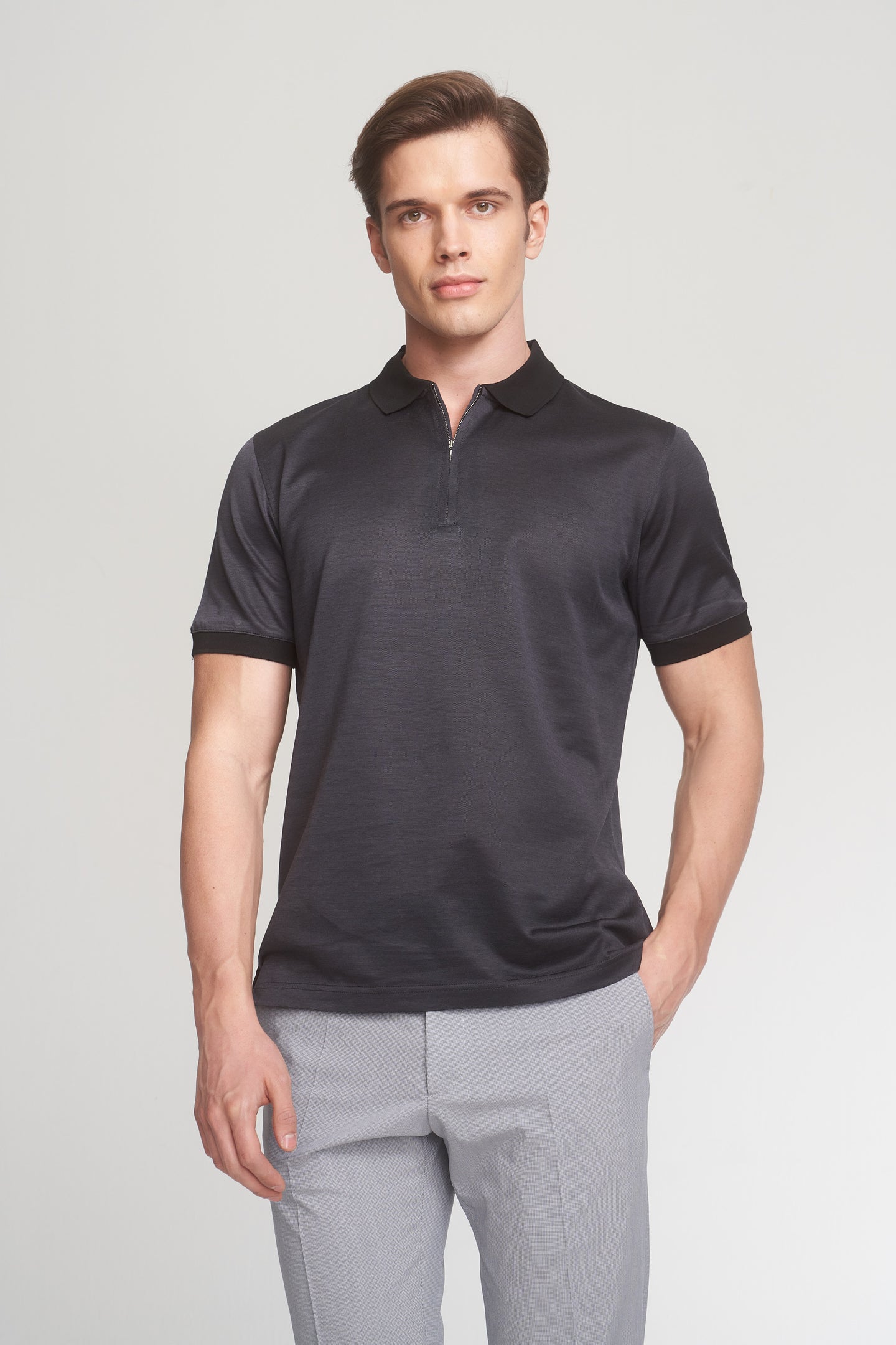 Black Mercerized Cotton Two Tone Zip-Up Polo T-Shirt
